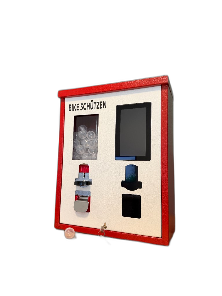 SafeTap-Automat: roter Rahmen, weiße Front, Kapselabgabe und Touchdisplay mit NFC